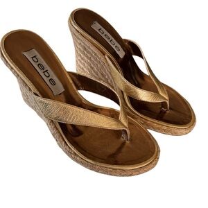 bebe Metallic Gold Wedge Thong Sandals